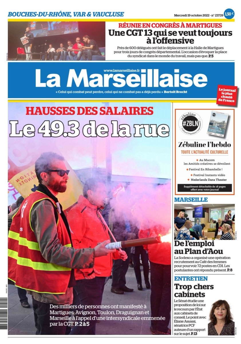 LeoPurguette's tweet photo. #ÀlaUne de La Marseillaise du 19 octobre 2022 #Carburants #Greve18Octobre #GreveGenerale #CGT #Total #Gouvernement #Requisitions #UDCGT13 #Martigues #PlandAou #Sénat #CRCE #Zébuline #Culture 
En kiosques et sur https://t.co/v33E8K0D07 https://t.co/BdnQYP0dVl