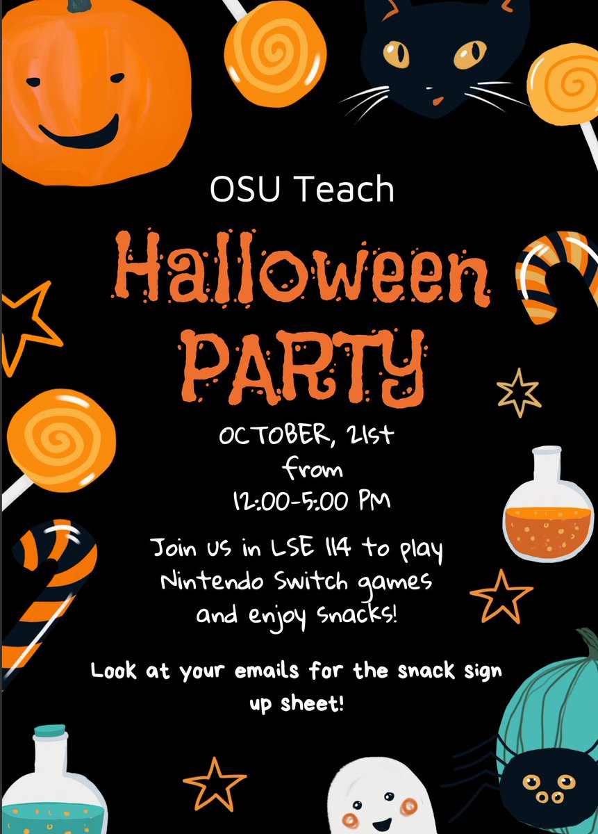 OSUTeach's tweet photo. Join us on October 21st for a fun afternoon playing Nintendo Switch games and enjoying snacks! 

Look for Nicole's email to access the snack sign-up sheet. 

#Okstate #OSUTeach #HalloweenParty https://t.co/BGqKO8evnc
