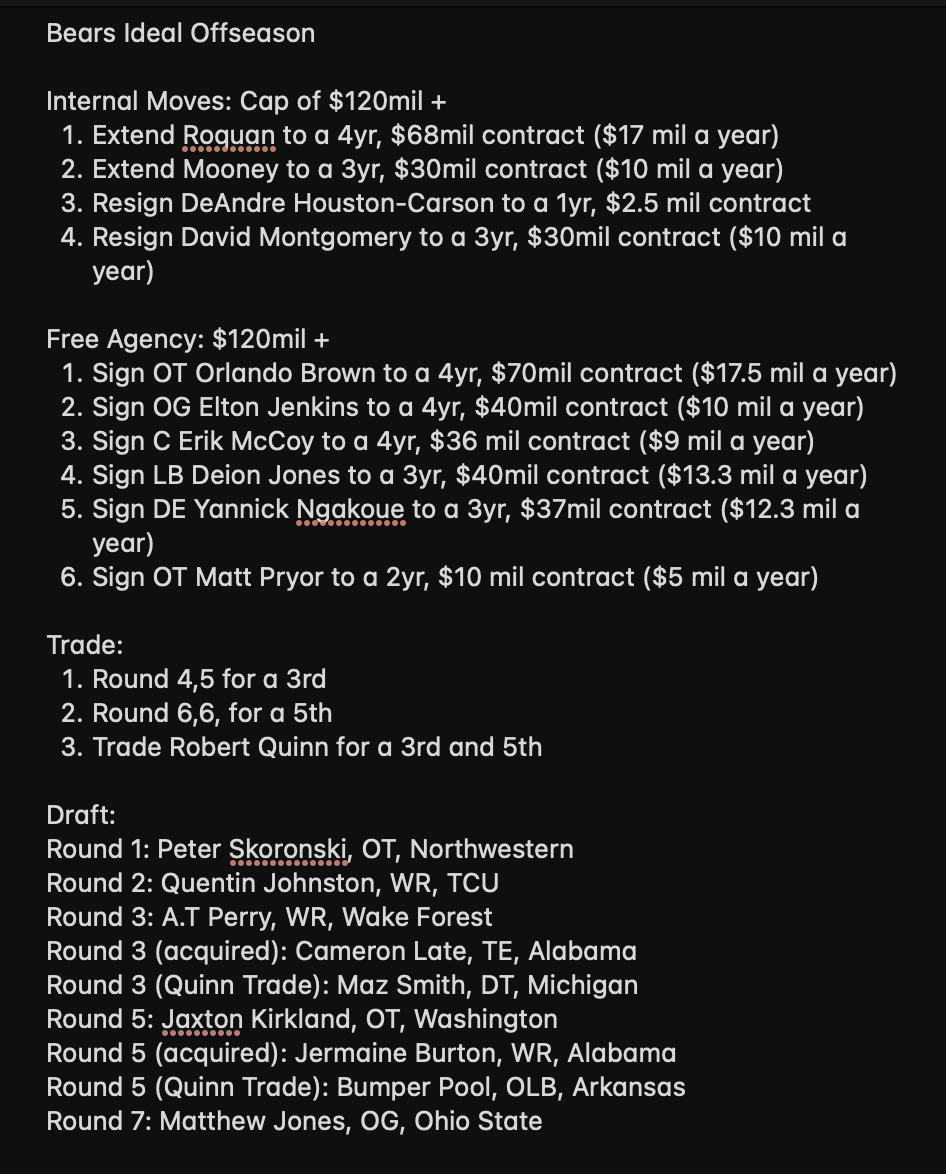 JAYChi_Bears's tweet photo. As of today, with how #DaBears have played and key areas of need, here is our first Mock Off-Season for Ryan Poles and company to improve this team.

Obviously, all won't happen, but in a perfect work, this would be ideal. 

Thoughts? https://t.co/5Fp4BTtoYe