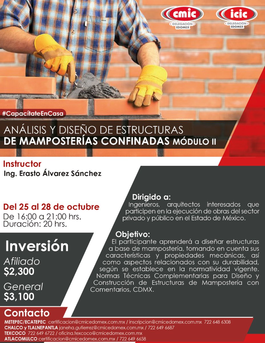 CMIC_Edomex's tweet photo. 🏢 Diseña estructuras a base de mampostería cumpliendo lo establecido en la normatividad vigente.
Aprovecha los cursos del ICIC EdoMéx y #CapacitateEnCasa🏡 https://t.co/S3enkqpjXo