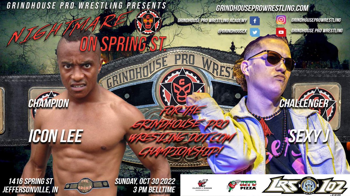 grindhouseX's tweet photo. The Grindhouse Dot Com Championship will be decided when @_ICONLEE defends against Sexy J at #NightmareOnSpringSt😱 !
Sun Oct 30, 3 PM ET
The ArenA
1416 Spring Street
Jeffersonville, IN
🎟️🔗: https://t.co/UtzLpjkilk
Sponsored by @ClarknRiggs @JetsPizza & @LRS102TheWalrus https://t.co/nUTkt9tIfu