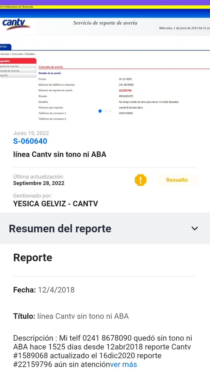 LeonelEnriqueA9's tweet photo. @NicolasMaduro @ramedumar @VenAppSocialRed  @VenAppSocial @PresidencialVen @salaprensaCantv
Utopia CANTV
El 19jun22 reporte S060640 ☎️  241 8678090 sin tono desde el 12abr2018 el 28sep22 Yesica Gelviz registró mi reclamo "RESUELTO y confirmó la incapacidad de Cantv para solucionar la avería mayor local" https://t.co/eQbmlh1OVr