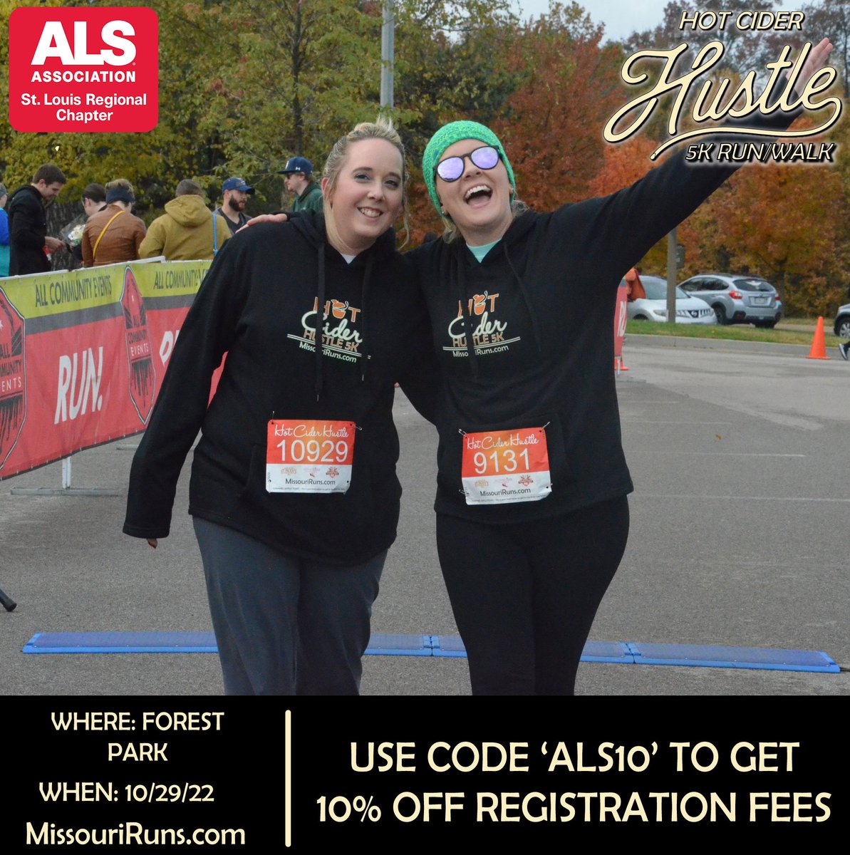 Join us, Saturday, 10/29 for the Hot Cider Hustle 5k Run/Walk in Forest Park. Sign up using code ALS10 to receive 10% off registration. For more info visit: missouriruns.com. To volunteer, contact Brittany at: Brittany.Hafford@als.org.

#HotCiderHustle #OurALSCommunity