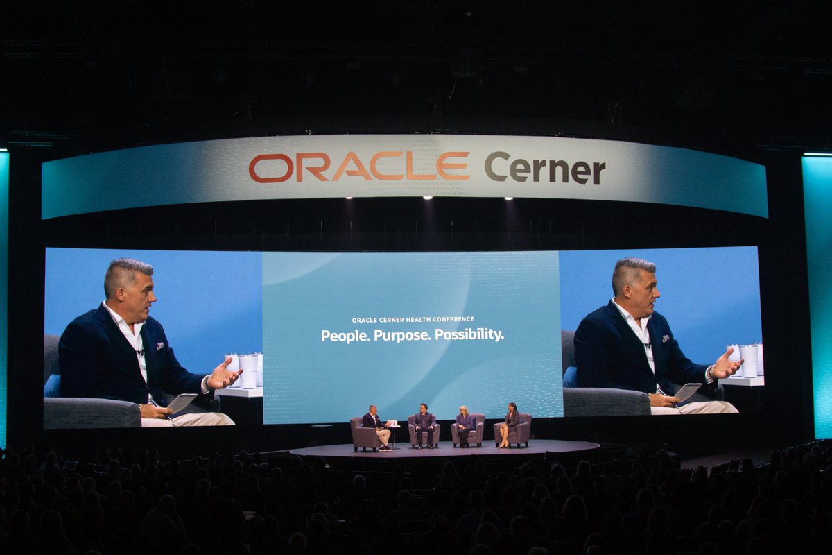 OracleHealth's tweet photo. To close out Day 2 of #OCHC22, @Travis__Dalton welcomes Don Johnson, @Brenna__Quinn, and @NasimAfsarMD to the stage to discuss how we’re working to solve industrywide challenges for and with our clients. https://t.co/4o7AwNmLeI
