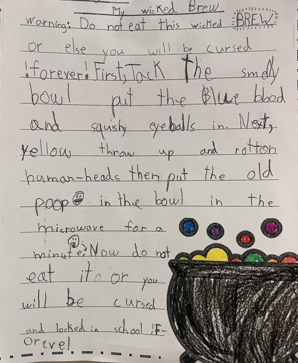 Melsalnel19's tweet photo. A little Witches Brew never hurt anybody, right? 😉 Writing is a VERY COMPLEX process, but students in @madisonling_’s class had fun with handwriting, creative thinking, syntax, structure, and author’s craft! Loved listening to their thought process!🎃#writingfun #laughterfordays https://t.co/LS1Q71nPYA