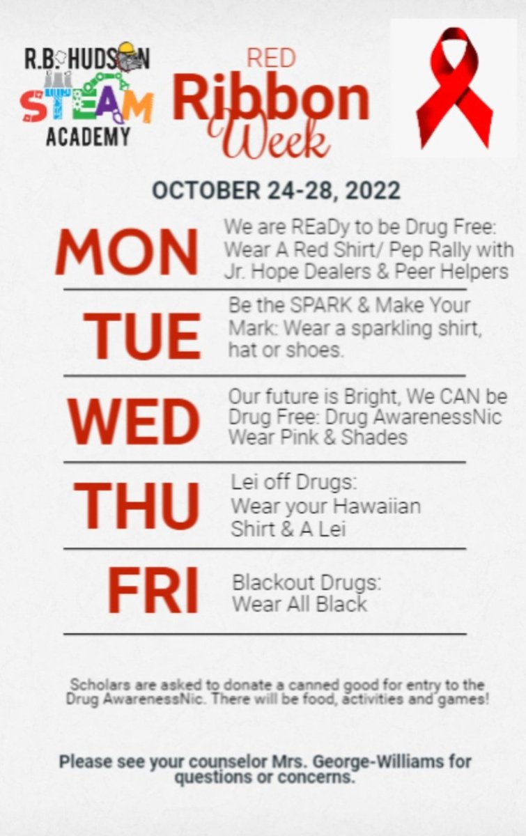 #RedRibbonWeek is October 24-28, 2022! #TeamHudson #HandsOnMindsOnFullSTEAMAhead
