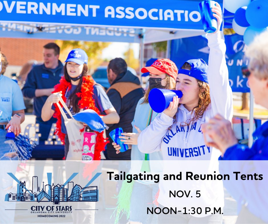 Join us on campus Nov. 5 for tailgating and reunion tents! Catch the OCU Homecoming parade, visit with classmates and friends, and stay for the volleyball game! RSVP for multiple homecoming activities at once by visiting okcu.edu/homecoming. #CityofStars #OCUHomecoming