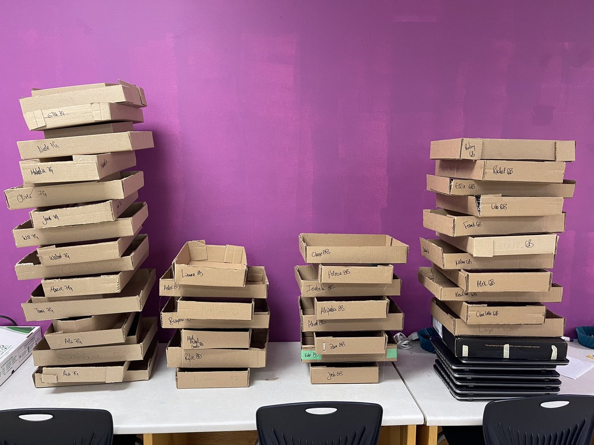 jmrlingley's tweet photo. How do you store 217 @GeorgeStreetMS student-made Cardboard Automata? In their student-made cardboard tray. #circularmaking thanks @brilliant_labs https://t.co/owP2AsDPce