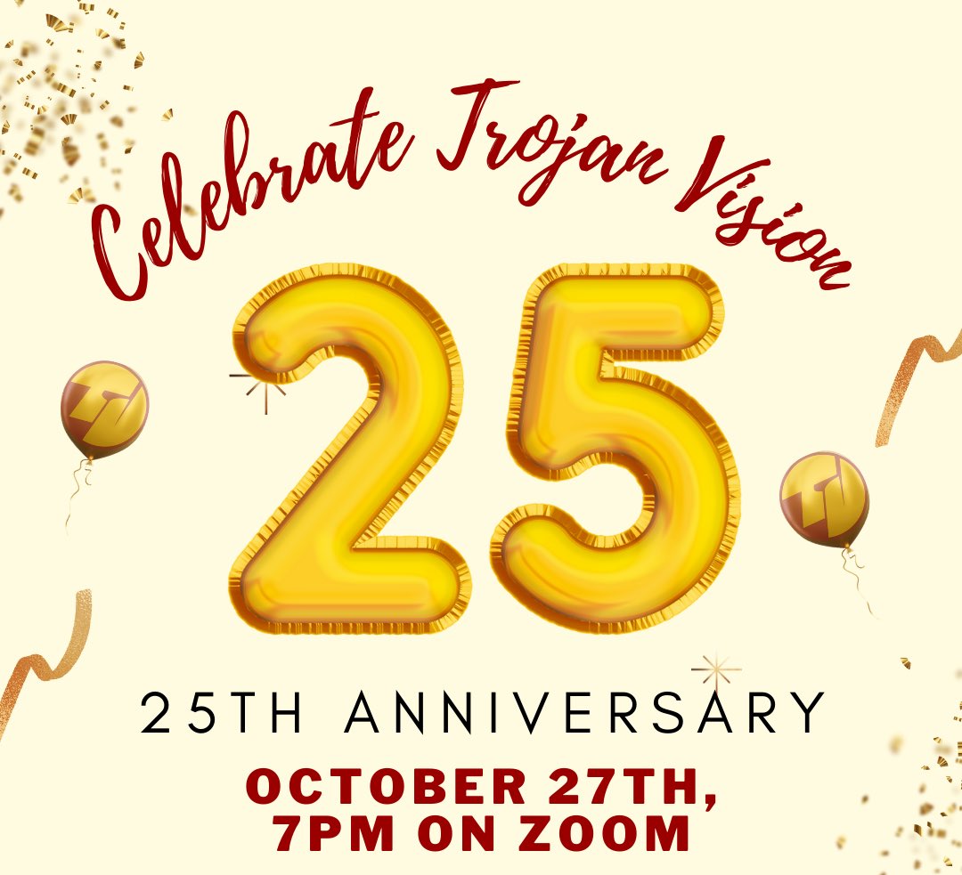 TrojanVision's tweet photo. We invite all of you to (virtually) come and celebrate the 25th anniversary of Trojan Vision!🎉

Dean Elizabeth M. Daley of @USCCinema will make a special appearance to introduce the virtual webinar. Everyone is welcome! Register here: 

https://t.co/8m9eIdw0gw https://t.co/fJtTyFcCpx