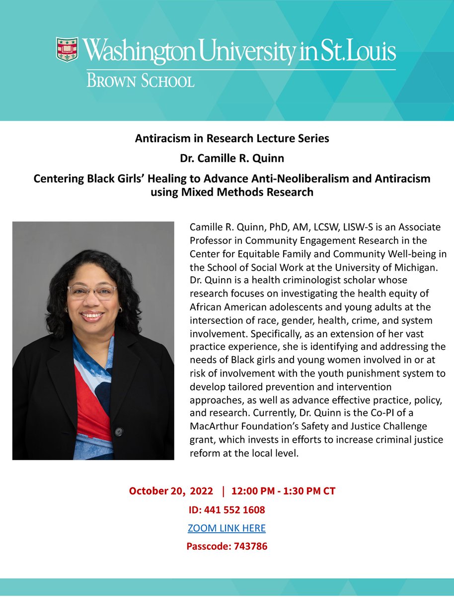 BARS_SW's tweet photo. #BARSAtWork Tune in for Dr. Camille Quinn's lecture at @BrownSchool on Thursday! https://t.co/86FFVLEP69