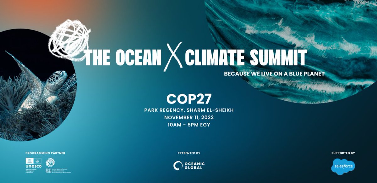 On the road to #COP27 🧳 The #OceanDecade is honored to be part of the first Ocean x Climate Summit!✨The Summit will immerse global stakeholders in the importance & potential of the #ocean within the #climatechange narrative. 👉bit.ly/3yQI7uZ 📲 bit.ly/3gkdGa4