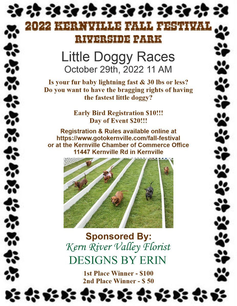 You can register here at this link gotokernville.com/fall-festival for the early bird special of only $10.  Rules and Regulations can be found online. Don't delay!