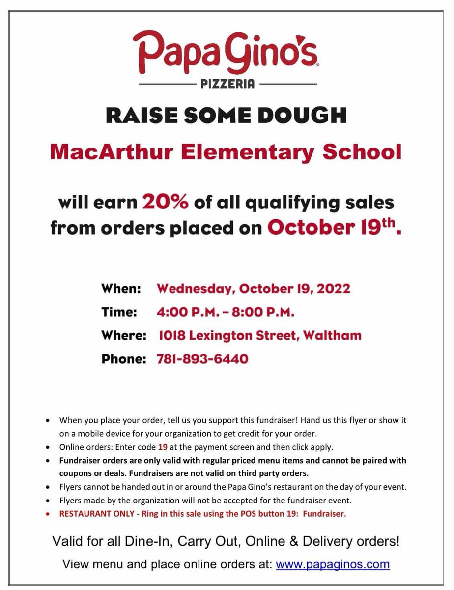 Just a reminder that tomorrow is our MacArthur restaurant night at Papa Gino’s! (10/19) 🍕 Dine in, take out, or order for delivery to help support our school! 😋