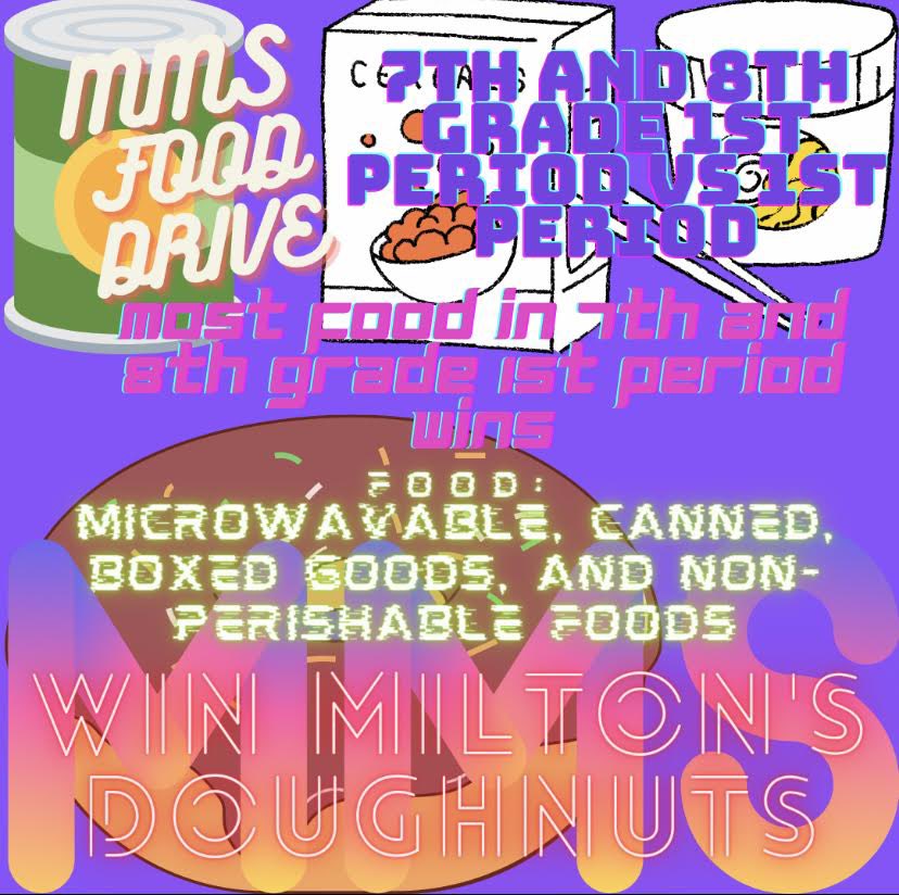 Student Council is having a food drive to collect non perishable or microwavable food items like Ramen Noodles, canned soups, veggies, fruits, and boxed goods. Please bring these items into your first period teacher through November 4th. #middierising