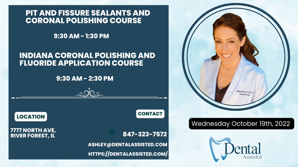 dentalassisted's tweet photo. Happy Tuesday!

Upcoming event date

Wednesday, October 19th, 2022
9:30 am - 1:30 pm
9:30 am - 2:30 pm

🎯 Fluoride Application
🎯 Pit &amp; Fissure Sealants
🎯 Coronal Polishing Course

📲 847-323-7572
👉 FB Messenger or DM

#dentalassistant
#indiana #dental
#coronalpolishing https://t.co/G7TIQ8WLyy