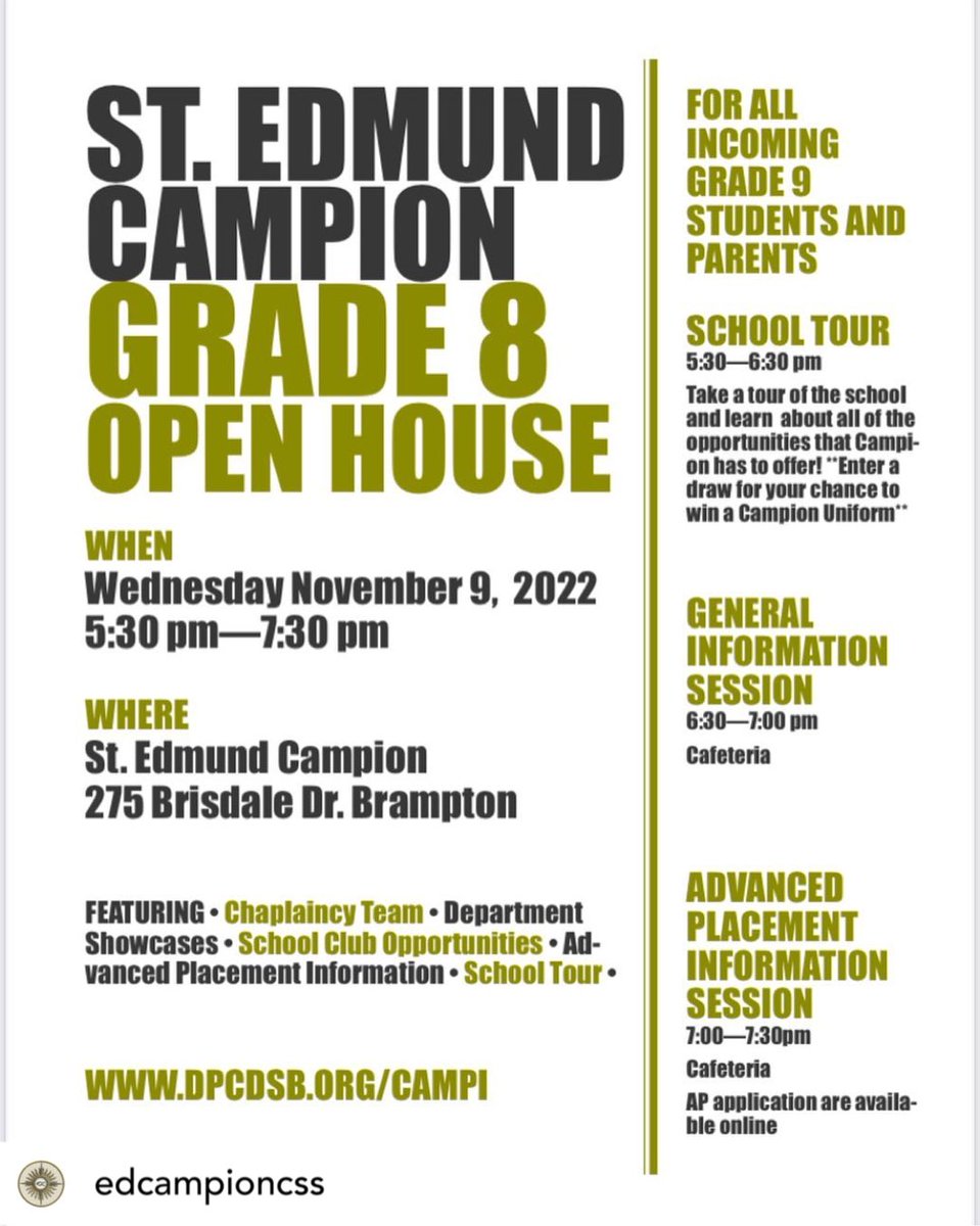EdCampionCSS's tweet photo. ⁦@EdCampionCSS⁩ Our Grade 8 Open House is November 9th check our school website for more information and visit our Campion Community #campionbears #campioncommunity see our flyer above ⁦@DPCDSBSchools⁩ https://t.co/36KRnoeyA2