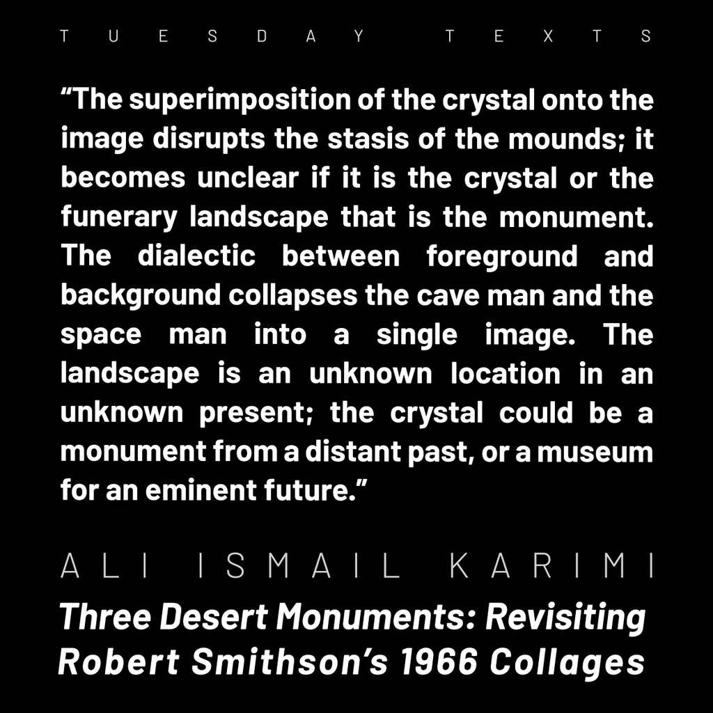 HoltSmithson's tweet photo. 📚 New Tuesday Text! 📚⁠
⁠
This week we are excited to publish a text by architect and 2021 HSF Research Fellow @aikarimi: "Three Desert Monuments: Revisiting Robert Smithson’s 1966 Collages."

Read the text here: 
https://t.co/MiDBiMzdkV https://t.co/8DG8QYPdi9