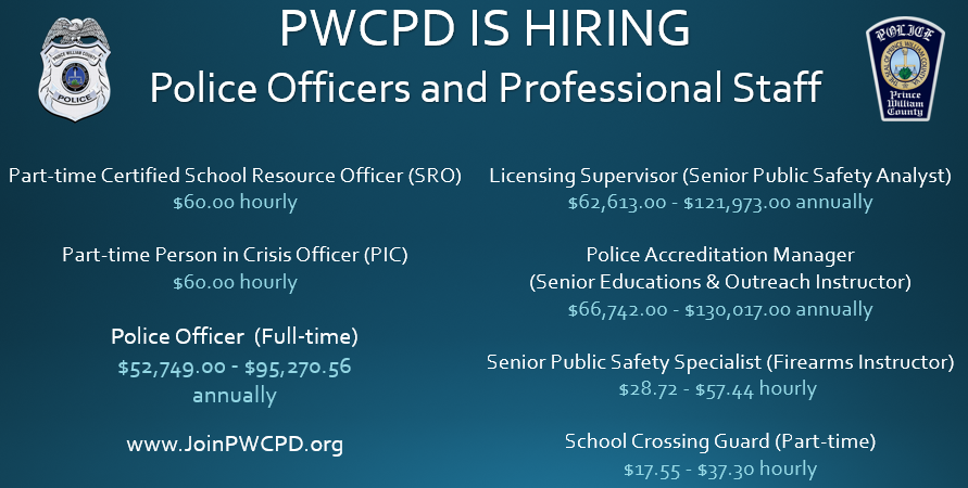 #PWCPD is hiring! We have #careers that have purpose and fulfill your desire to do work that is meaningful to you and others. If you are inspired by protecting your #community, join our team! Visit: JoinPWCPD.org or pwcva.gov/department/hum…. #Recruiting