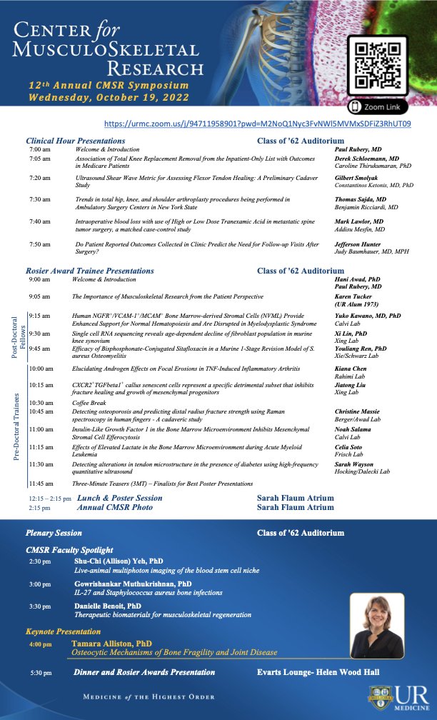 Rochester CMSR (@roc_cmsr) on Twitter photo Counting down the 12th Annual CMSR Symposium - Wednesday 10/19 - Our exciting program features outstanding Trainees, Faculty spotlights, and a distinguished Keynote by <a href="/TamaraAlliston/">Tamara Alliston</a> -
<a href="/ORSsociety/">Orthopaedic Research Society</a>,<a href="/ASBMR/">ASBMR</a>,<a href="/NIH_NIAMS/">NIAMS</a> nation: Join us in person or virtually urmc.zoom.us/j/94711958901?… Counting down the 12th Annual CMSR Symposium - Wednesday 10/19 - Our exciting program features outstanding Trainees, Faculty spotlights, and a distinguished Keynote by <a href="/TamaraAlliston/">Tamara Alliston</a> -
<a href="/ORSsociety/">Orthopaedic Research Society</a>,<a href="/ASBMR/">ASBMR</a>,<a href="/NIH_NIAMS/">NIAMS</a> nation: Join us in person or virtually urmc.zoom.us/j/94711958901?…