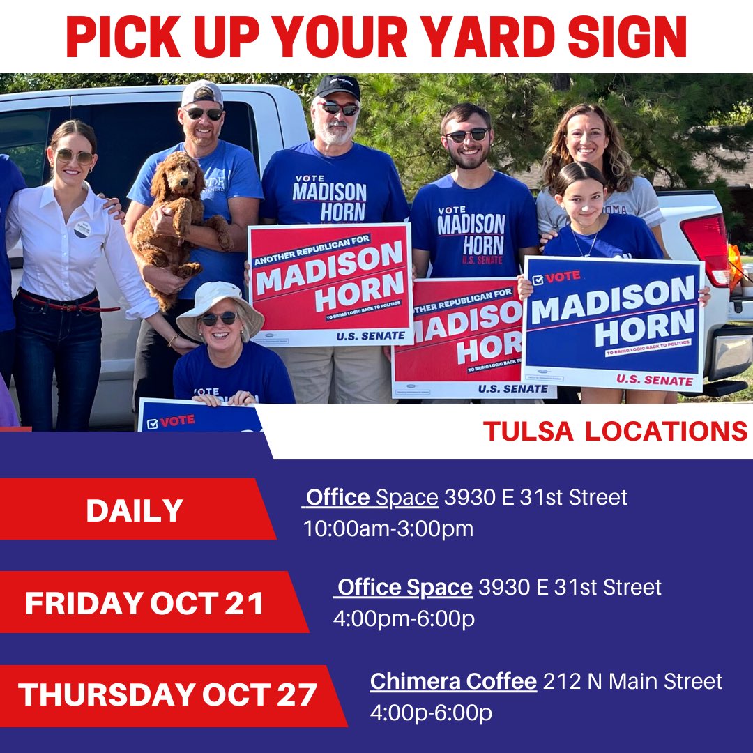 We are thankful for all of our volunteers helping us keep up with the demand for yard signs! If you're in the Tulsa area you can pick up your sign here. Thank you to everyone! #VoteMadison #madisononthemove #oklahoma #vote #madisonhorn