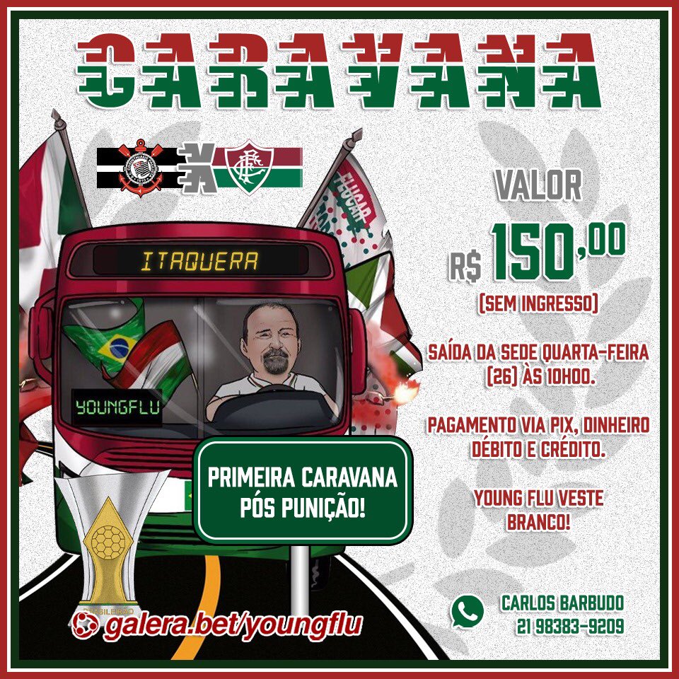 youngfluoficial's tweet photo. ⚠️ CARAVANA PARA ITAQUERA 

Primeira caravana pós punição! Vamos juntos apoiar o Fluminense rumo a Libertadores! 

🇭🇺 TODOS SÃO BEM-VINDOS

🏳️ SÓ ENTRARÁ NO ÔNIBUS VESTINDO BRANCO 

📲 ORGANIZAÇÃO: Carlos Barbudo (21) 98383-9209 https://t.co/Gqt0OiDl2P
