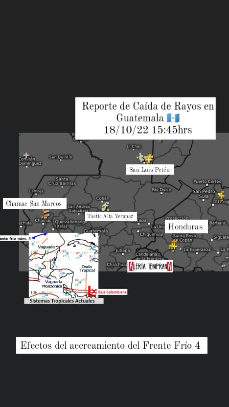 AlertaGt502's tweet photo. Reporte de #CaídaDeRayos en #Guatemala 🇬🇹
Martes 18 de octubre
15:45hrs
Se detectan 2 núcleos de Tormenta uno en #SanLuisPetén y otro en #Tactic #AltaVerapaz ruta al #Polochic, efectos del acercamiento del #FrenteFrío4
#ClimaGt #TráficoGt
#TránsitoGt #LluviasGt
#FF4 #OT45 https://t.co/1lq4a5zjYX