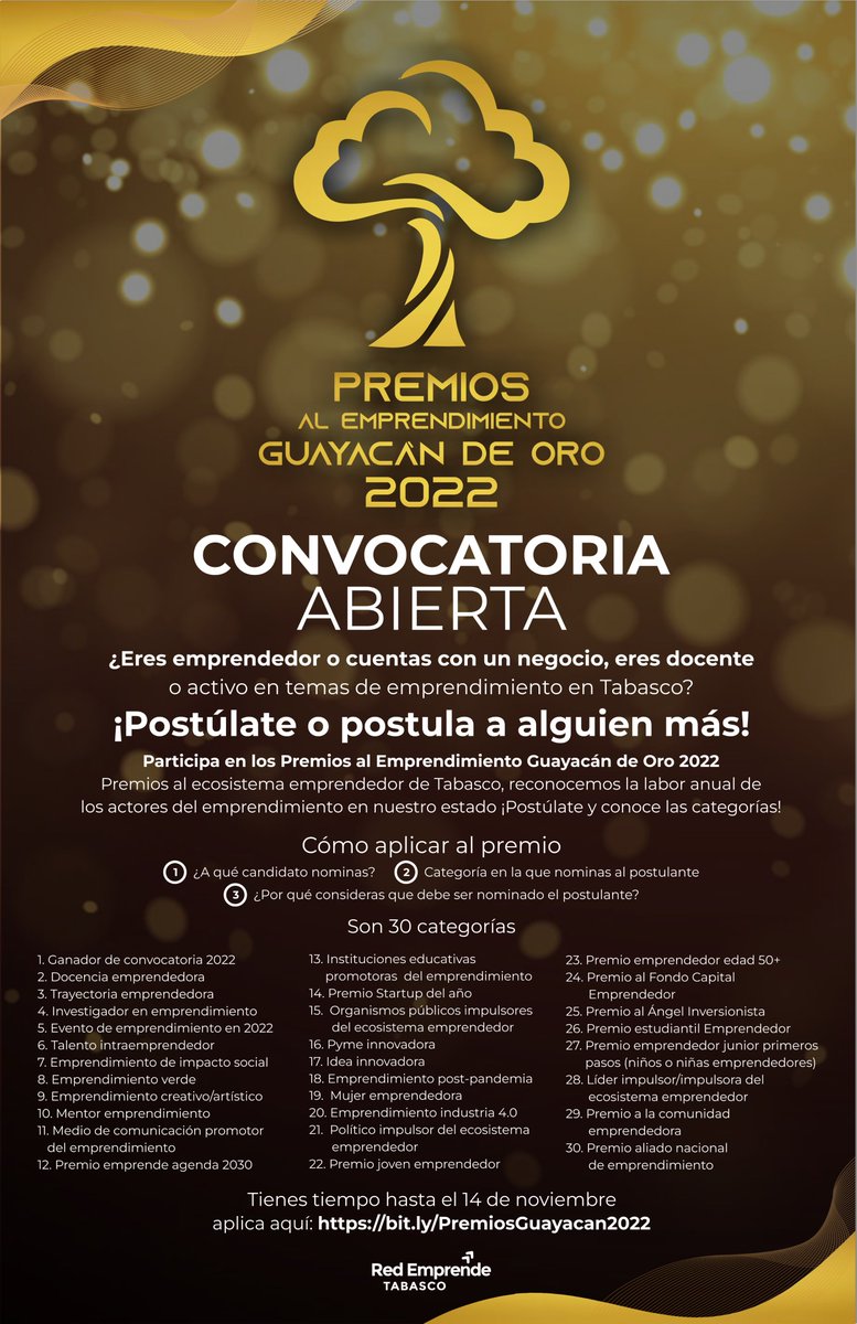 📄 Dirigida a #emprendedores y emprendedoras de todas las edades, #empresarios y empresarias, #docentes, estudiantes con proyectos de #negocios, #pymes, personas y medios de comunicación que promueven el #emprendimiento en Tabasco. 

¡Participa!
📲 bit.ly/PremiosGuayaca…