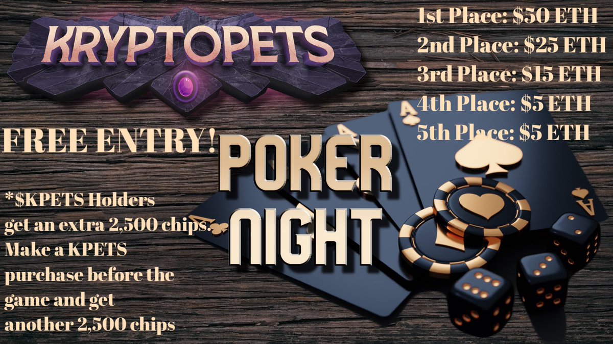 Tomorrow nights POKER NIGHT!! 
ALL ETH PRIZES TOMORROW! Free registration at the link below, all $KPETS Holders get an extra 2,500 starting chips and any purchases of $25 or more between now and start of the game earns another 2,500  pokernow.club/mtt/1019-poker… #KPETS