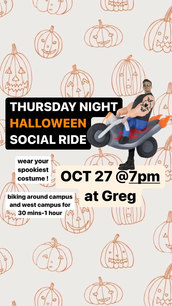 OrangeBikeP's tweet photo. Come join us for our second Bike Social of the semester, our Halloween Social! Thursday Oct 27th. Meet us at Greg at 7:30 or OBP shop at 7 if you want to borrow a bike. Wear your costume (that you can bike safely in) and bike around campus and west campus with us. https://t.co/uPJ8vUVQXw