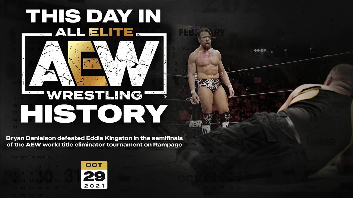 AEW's tweet photo. On this day in #AEW history, @BryanDanielson defeated Eddie Kingston in the semifinals of the AEW World Title Eliminator Tournament on #AEWRampage.
▶️ https://t.co/cL4ez2iKkn https://t.co/6FqfTE2Ky1