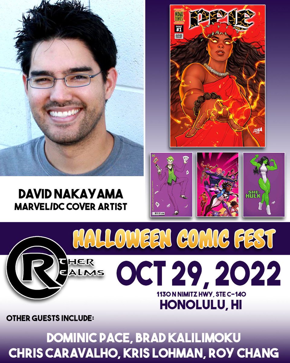 OtherRealmsLtd's tweet photo. We’re gearing up for #HalloweenComicFest! A bunch of announcements on the way, and today we’re starting with @DavidNakayama! @Marvel, @dccomics, @dynamitecomics…he’s done so much amazing work and we’re thrilled to welcome him back for this event. Stay tuned for more! https://t.co/E5Z6oA34TC