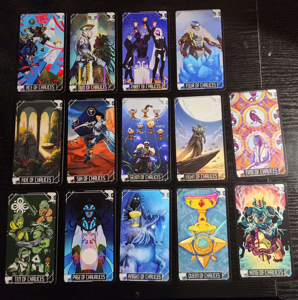 Destiny2Tarot's tweet photo. This deck was printed using https://t.co/GK7iNYEqvx, which I can also vouch for personally! They’ll give you an option to add a black border so all the cards will print correctly, with nothing cut off. Individual decks run about $40 USD with shipping! Easy peasy. https://t.co/W2t1bkwhWD
