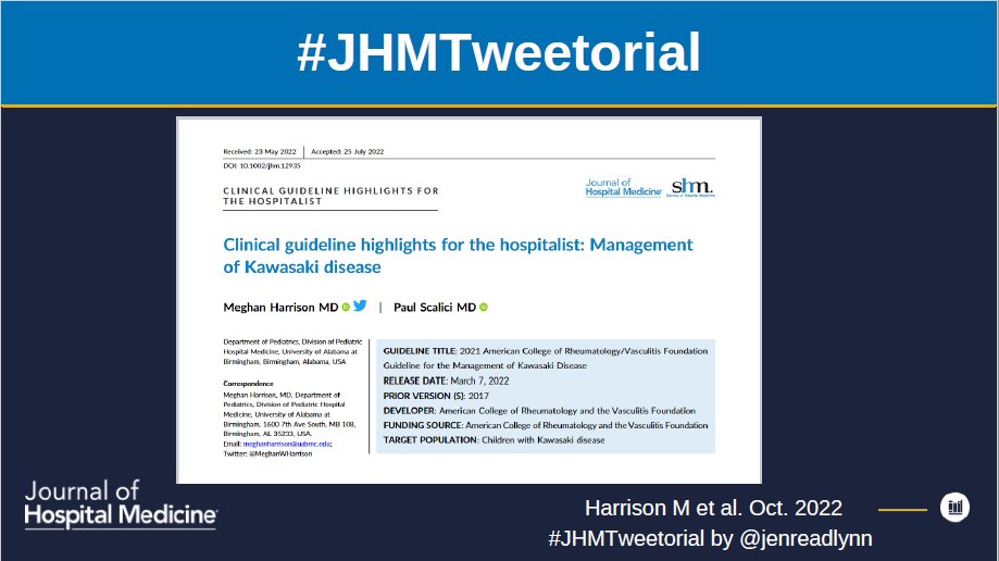 🚨🚨New clinical guidelines for the pediatric hospitalist on Kawasaki Disease (KD).🚨🚨

These were developed in partnership with <a href="/ACRheum/">American College of Rheumatology</a>, &amp; <a href="/VasculitisFound/">Vasculitis Foundation</a>.

Read more here: doi.org/10.1002/jhm.12…
&amp; follow this #JHMTweetorial by <a href="/jenreadlynn/">Jen Readlynn, MD, FHM (she/her)</a>