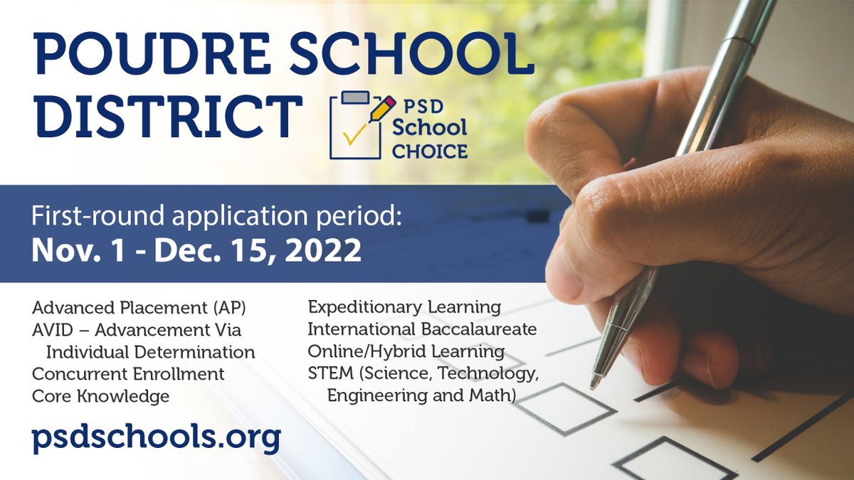 Mark your calendars, school choice applications open Nov. 1! 📅

PSD's K-12 school choice program allows families to select the school they feel best meets their child's educational needs. For more information about the application process, visit 🔗 bit.ly/3CPVKf8.