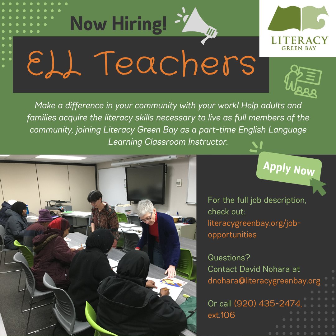 Looking for part-time work during the later morning and/or after school hours? Want to make an impact on your community? Consider become an English Language Learning Instructor!

Check out literacygreenbay.org/job-opportunit… for more details