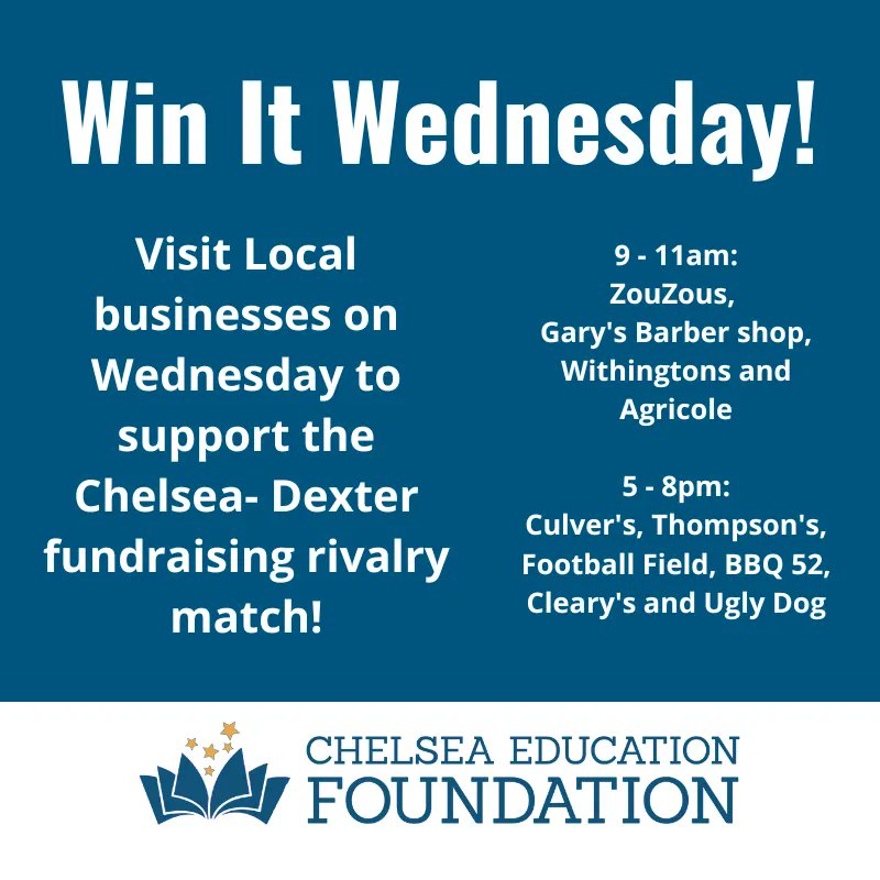 Win it Wednesday!!  Visit local businesses on Wednesday to support Chelsea in the CEF/EFD Rivalry Match!

Donate online at …lseaeducationfoundation.salsalabs.org/2022rivalrymat…