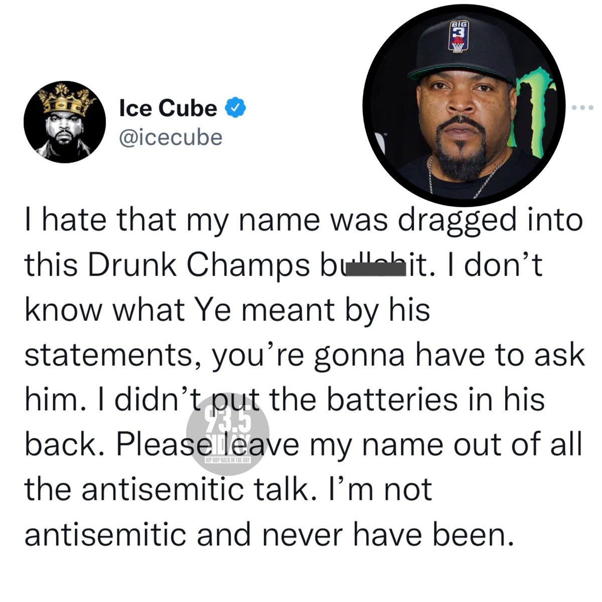 935KDAY's tweet photo. Ice Cube speaks out following Ye’s recent controversial comments 👀👀👀 THOUGHTS⁉️
•
📸: Getty Images https://t.co/Fs4eiftdxZ