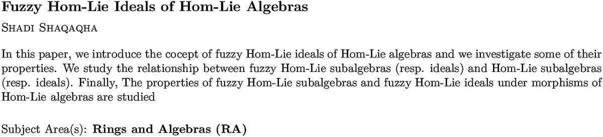 arxiv.org/abs/2210.08932…
S Shaqaqha
Fuzzy Hom-Lie Ideals of Hom-Lie Algebras