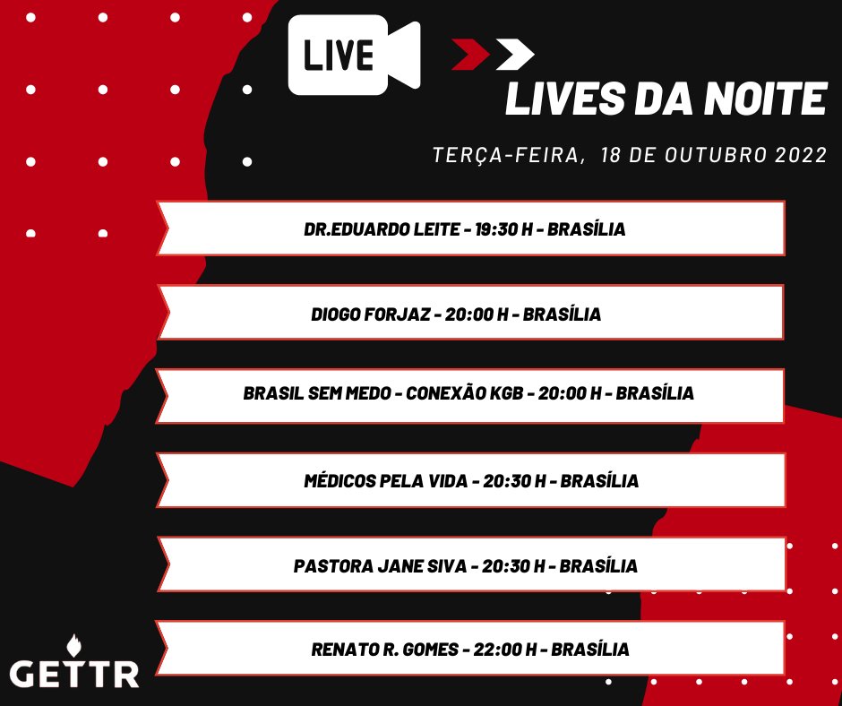 Gettrbrasilofc's tweet photo. Fique por dentro de tudo que acontece no mundo e no Brasil aqui no GETTR!

Confira a programação de lives para hoje a noite!
Corre pro GETTR!!! https://t.co/mb8H3GCgjp