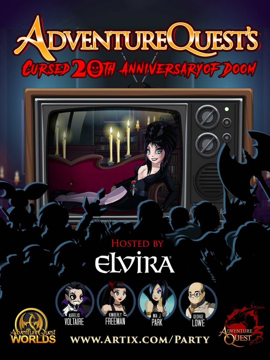 Happening now! Elvira hosts AdventureQuest's Cursed 20th Anniversary of Doom! Artix.com/Party Join us in both AdventureQuest 3D and AQWorlds! #MMORPG #GameNews #videogames