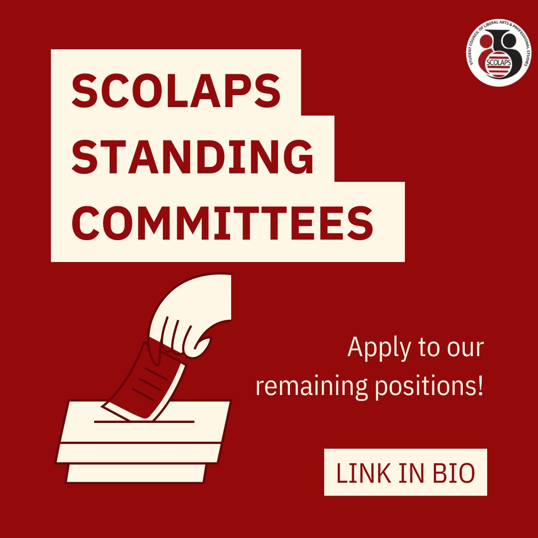 Hey SCOLAPS! 
This is the final call to be a part of our standing committees. 
The application form can be found in our bio.
A reminder that only councillors in good standing will be considered, so if you're not a member yet, submit a membership form from our bio!