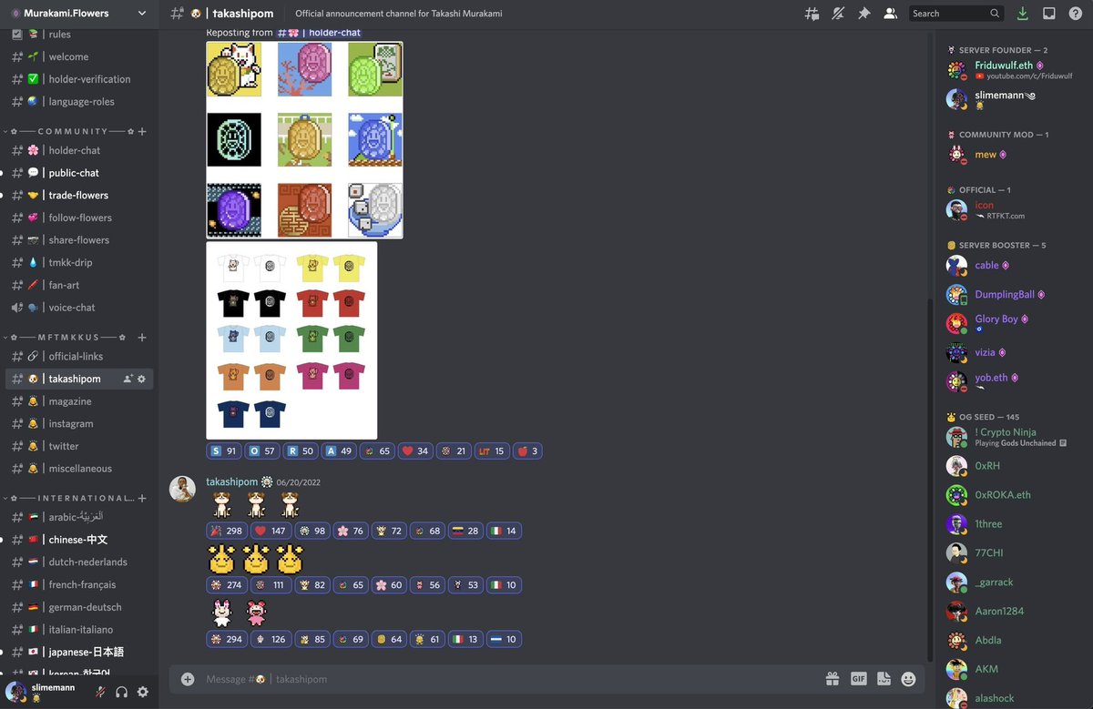 FriduwulfTV's tweet image. We have now reached 2,500+ members in the official Murakami Flowers Discord! 🙇‍♂️

We’d like to welcome all of the @MFTMKKUS family and get everyone together inside, whether you have a seed, flower, cat, hublot or clone! 🌸

Join now: discord.gg/murakamiflowers

#MurakamiFlowers #NFT
