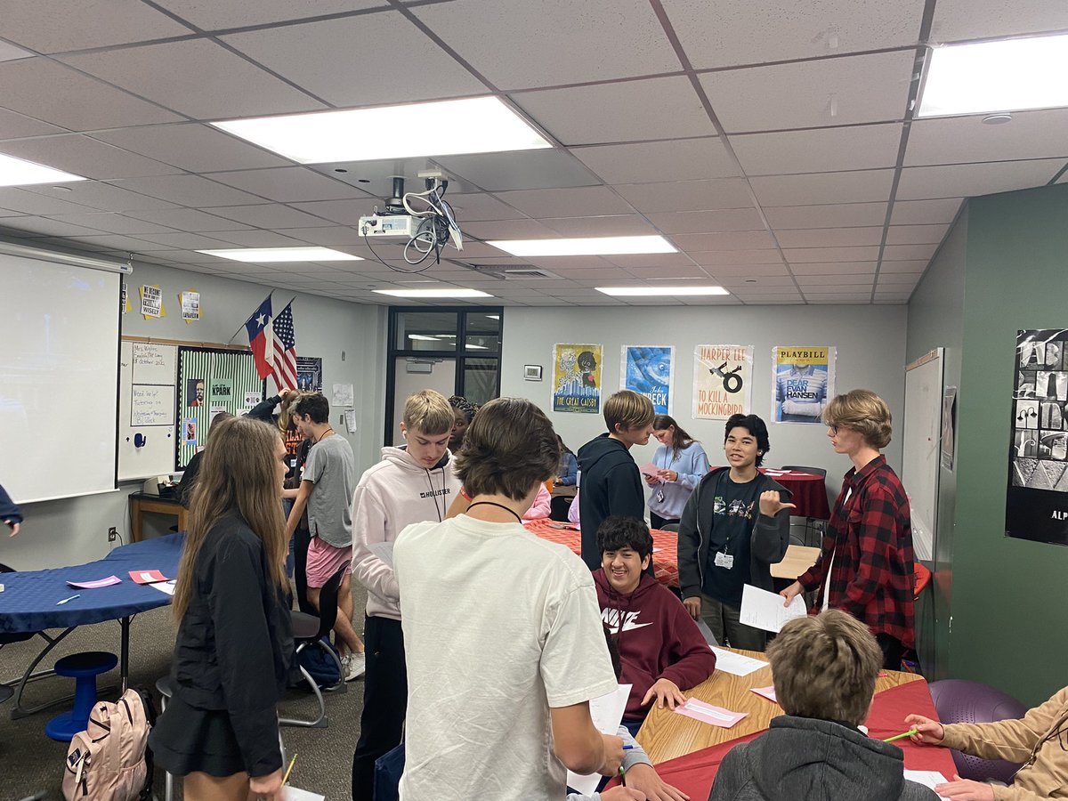 WyllieAbby's tweet photo. Argument prompt speed dating! Lots of critical thought, peer feedback, and lively debate going on in AP Language today! Tablecloths+YouTube date background with music really added to the ambience as well. #APLang #makeitawkward @HumbleISD_KPHS https://t.co/DUaAcPqGUH