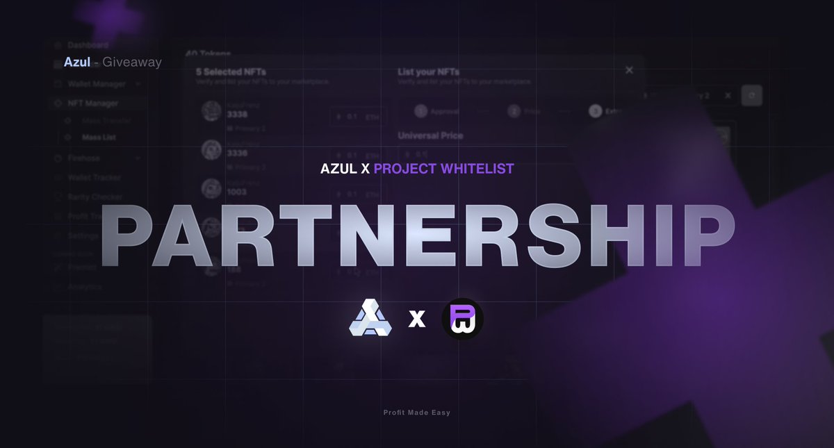 We are excited to announce our official partnership with <a href="/azul/">Azul</a>!

To celebrate, we are giving away:
- x3 Azul Whitelists!

To enter:
🟣Follow <a href="/PRJCTWhitelist/">Project Whitelist</a> &amp; <a href="/azul/">Azul</a> 
🟣Like &amp; RT

⏱️48hours!