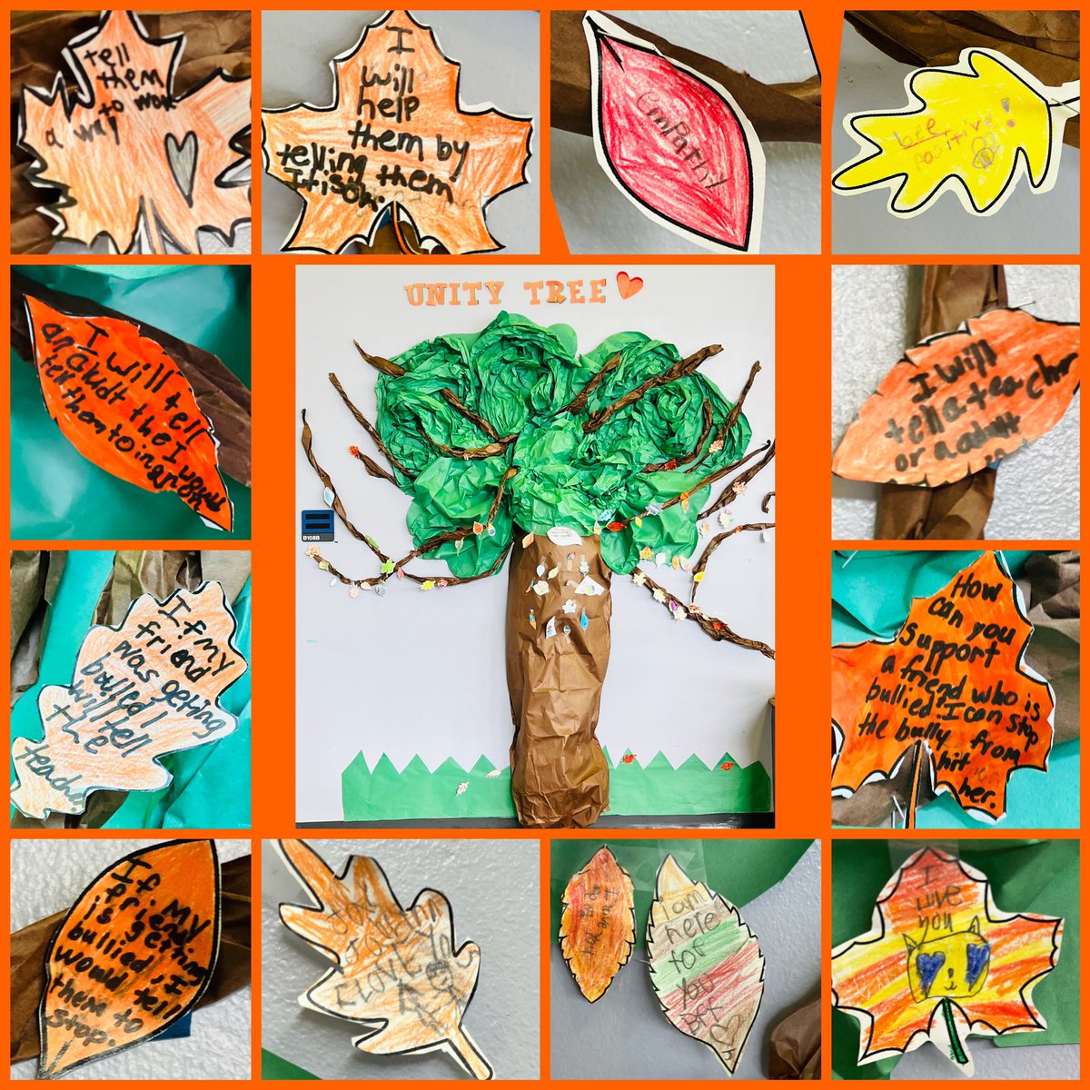lockhartES's tweet photo. Change starts with a conversation. “How can you help a friend who is being bullied?” Check out some of our scholar’s responses on our Unity Tree!🧡🌳 @lockhartES @cameshiadawn @LBudgewater @SELHISD https://t.co/GRbxl1ZQCY