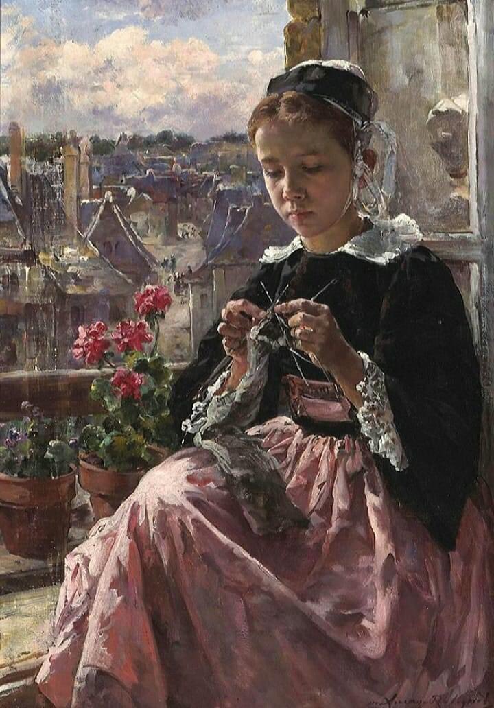 Marie Elisabeth Aimée Lucas-Robiquet (1858 – 1959) was a French Orientalist artist who worked within the Salon of the Société des Artistes Français.
A Young Breton Girl Knitting by a Window
oil on canvas
55.3 x 38.8 cm 
Public domain, Wikimedia Commons