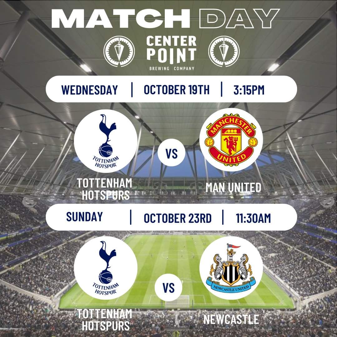 Centerpoint Brewing (@centerpointbrew) on Twitter photo This week we have another 2 <a href="/SpursOfficial/">Tottenham Hotspur</a> matches that we'll be showing here at Centerpoint, the home of the <a href="/IndySpurs/">Indy Spurs</a>!
Are you in or near Indy & a Hotspur fan? Join your fellow fans here for every match!
#COYS #TottenhamHotspur #Hotspurs #tottenham #SpursOfficial This week we have another 2 <a href="/SpursOfficial/">Tottenham Hotspur</a> matches that we'll be showing here at Centerpoint, the home of the <a href="/IndySpurs/">Indy Spurs</a>!
Are you in or near Indy & a Hotspur fan? Join your fellow fans here for every match!
#COYS #TottenhamHotspur #Hotspurs #tottenham #SpursOfficial