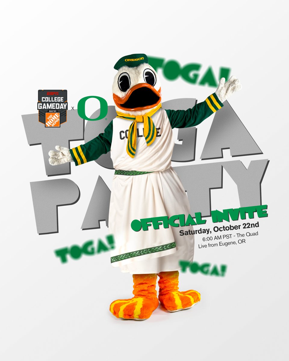 Toga! Toga! Toga! Join @TheOregonDuck & @CollegeGameDay for a Toga Party on The Quad. Giveaways and prizes throughout the entire show. #GoDucks