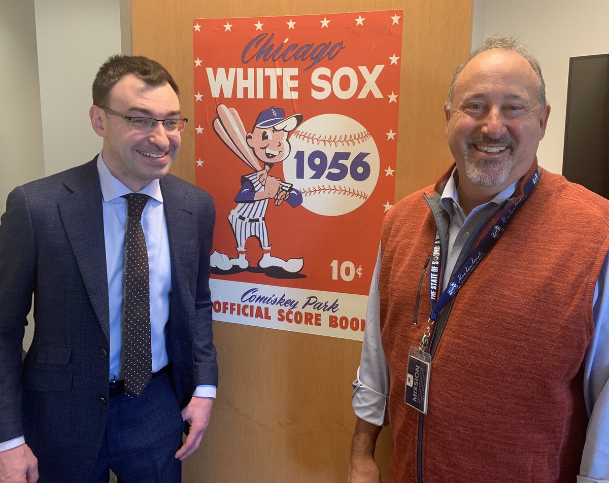 DaveKelm's tweet photo. Always a great day when @jasonbenetti stops by the office! And, yes, the 1956 Sox image is always on my door! @whitesox @ALPLM #twill https://t.co/KblCeNL12F