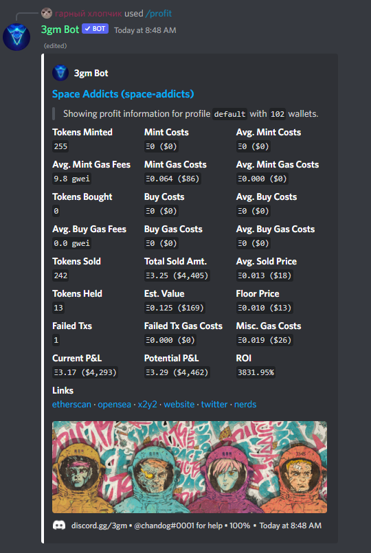 gs_alphagroup's tweet photo. GS Alpha made more than 10 ETH on
@SpaceAddictsNFT collection flip.
It was a free mint, 5 NFT per wallet, ATH floor - 0.02 each. Here are some screens of profit. Also, thanks
@3gmdev for such a convinient bot!
#gs_alpha #gsalpha #NFTs #success https://t.co/IV0b9nJ9rh